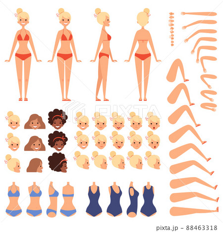 Summer character. Constructor of female in swimsuit on beach in various poses and emotions creation kit cartoon collection Summer character. Constructor of female in swimsuit on beach in various poses and emotions creation kit cartoon collection 88463318
