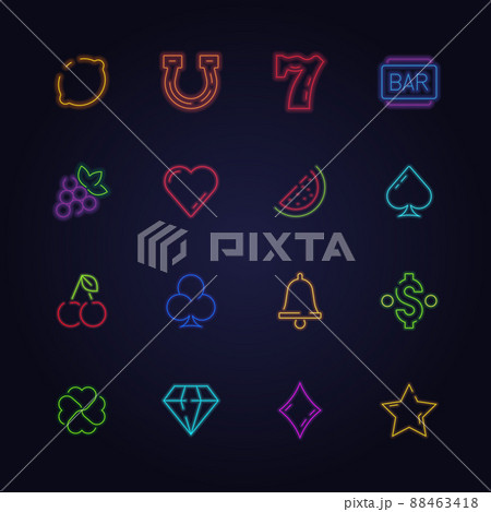 Slot machine icon. Casino neon symbols for game automat heart money diamond clover dollar heart collection 88463418