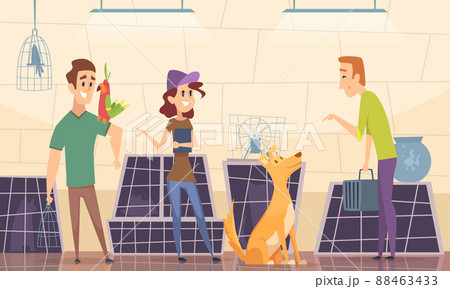 Animal shelter. Owners choose puppy dog in cage cartoon background Animal shelter. Owners choose puppy dog in cage cartoon background 88463433