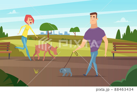 Pets walking. Animals happy owners outdoor in park running or cycling with dogs activity background 88463434