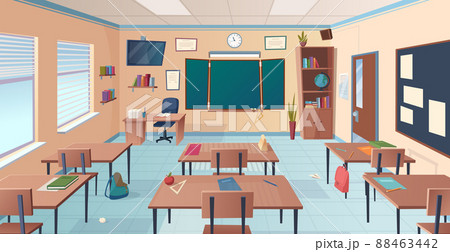 Classroom interior. School or college room with desks chalkboard teacher items for lesson cartoon illustration 88463442