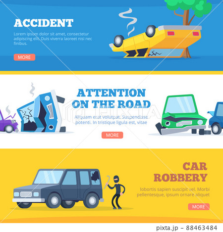 Car accidents. Damaged and broken automobiles scene of carsh cars pictures for banners 88463484