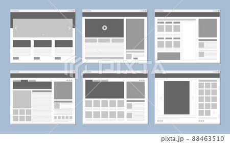 Website layout. Web pages template internet browser window with banners and ui elements icons design 88463510