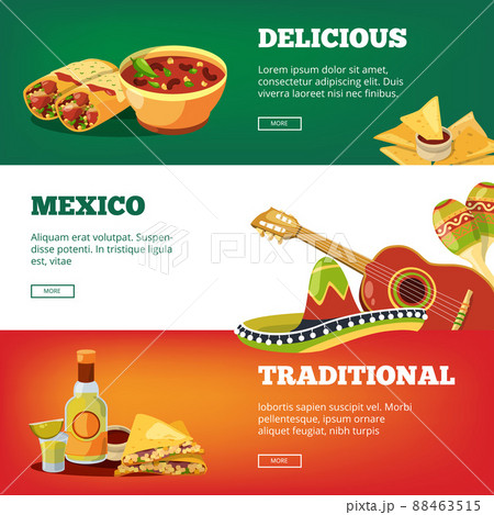 Mexican food banners. National traditional cuisine mexico quesadillas tequila salsa sauce chilli pancho guitar maracas pictures 88463515