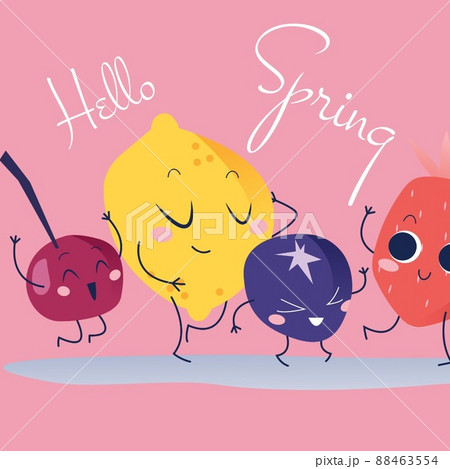 Digitally generated image of hello spring text banner and fruits icons against pink background Digitally generated image of hello spring text banner and fruits icons against pink background 88463554