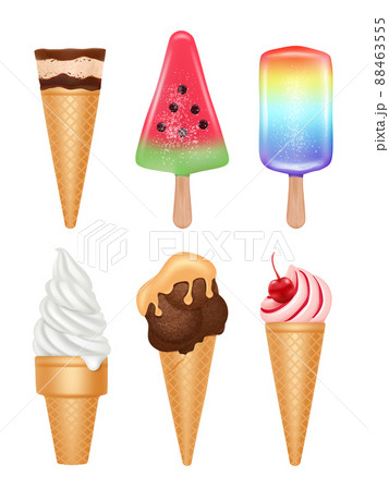 Ice cream dessert. Vanilla fruit chocolate ice cream in cone different toppings realistic pictures Ice cream dessert. Vanilla fruit chocolate ice cream in cone different toppings realistic pictures 88463555