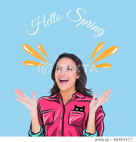 Hello spring text banner and surprised caucasian young woman against blue background Hello spring text banner and surprised caucasian young woman against blue background 88463577