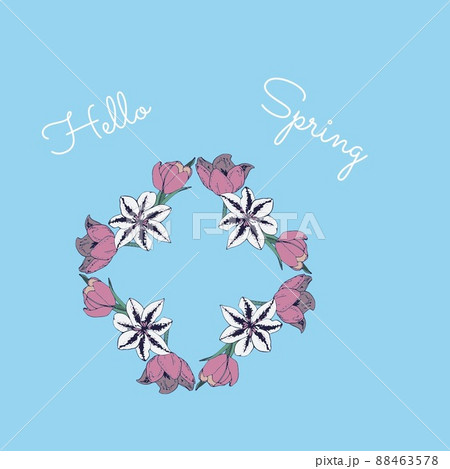 Digitally generated image of hello spring text and colorful flower icon against blue background Digitally generated image of hello spring text and colorful flower icon against blue background 88463578