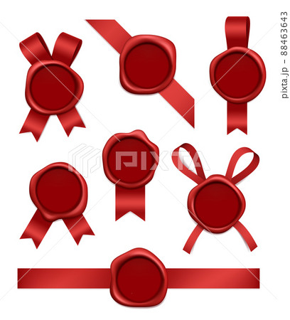 Wax stamp and ribbons. Sealed red rubber postal stamps with tapes realistic 3d pictures 88463643
