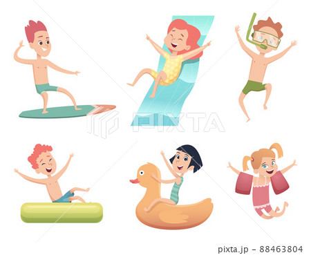Aquapark characters. Activities in water pool sea jumping and swimming happy childrens cartoon collection Aquapark characters. Activities in water pool sea jumping and swimming happy childrens cartoon collection 88463804