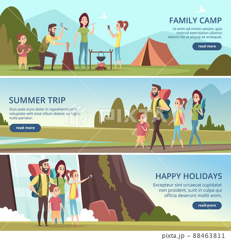 Family hiking banners. Kids with parents camping outdoor explorers mountain walking characters Family hiking banners. Kids with parents camping outdoor explorers mountain walking characters 88463811