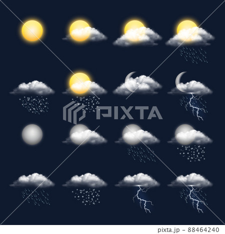 Meteo realistic icon. Clouds sun rain wind snow weather symbols 88464240