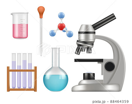 Chemical lab items. Science laboratory collection bottles microscope glass tubes biology realistic tools Chemical lab items. Science laboratory collection bottles microscope glass tubes biology realistic tools 88464359