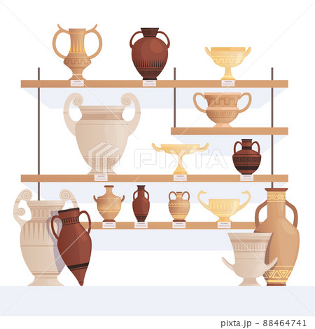 Old jug on shelves. Antique vessel in museum history clay cups and amphoras cartoon concept Old jug on shelves. Antique vessel in museum history clay cups and amphoras cartoon concept 88464741