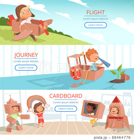 Kids playing banners. Education preschool games children in cardboard box costumes template 88464776