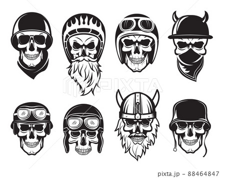 Different skull tattoo flat icon set Brutal skulls with helmet wings  hat cap and bandana vector illustration collection Bikers and rock  symbols c Stock Vector Image  Art  Alamy