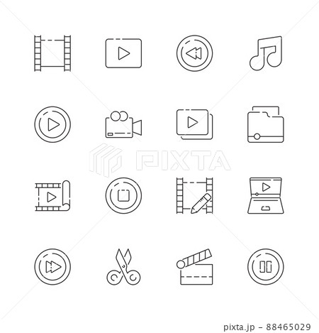 Video editing icon. Film movie production symbols cut editor multimedia clapper thin line pictures 88465029