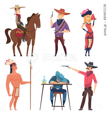 Cowboys characters. Wildlife western texas sheriff and country boys with horse and lasso cartoon illustrations 88465236