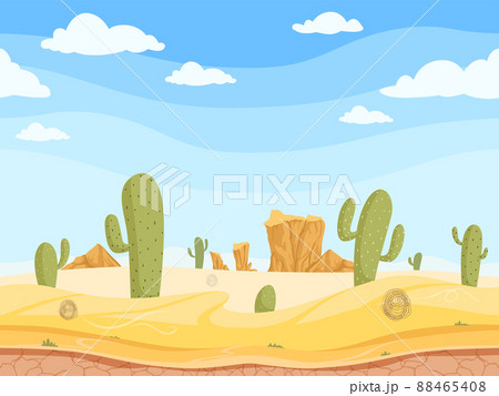 Desert seamless background. Wild west game outdoor western canyon landscape with stones rock sand cactuses cartoon illustration Desert seamless background. Wild west game outdoor western canyon landscape with stones rock sand cactuses cartoon illustration 88465408