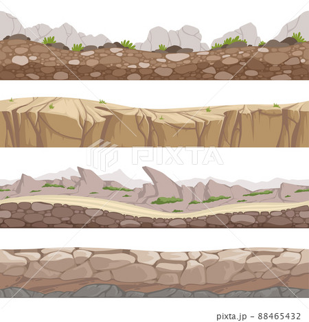 Stone road seamless. Rocky game backgrounds with various types of stones cartoon collection 88465432