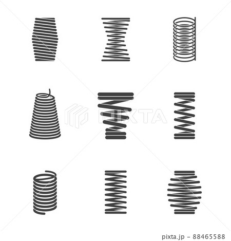 Flexible steel spiral. Metal bended wire coils shape elastic and compacted forms icon silhouettes isolated 88465588