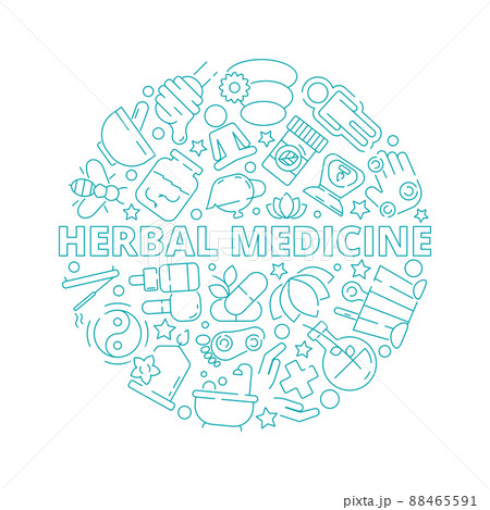 Alternative medicine concept. Herbal natural medical practice vitamin homeopathy symbols in circle shape 88465591