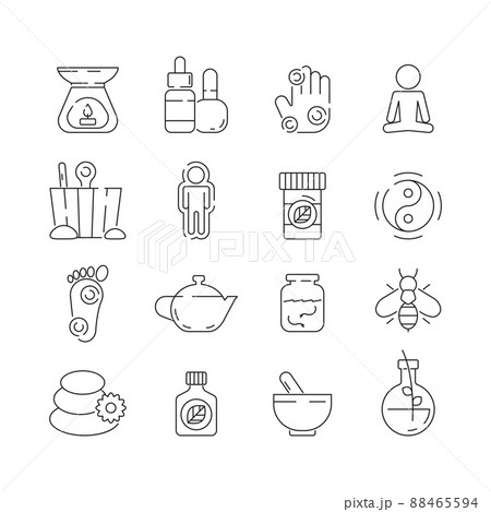 Alternative medicine icon. Beauty complementary naturopath herbal therapy relaxation meditation thin symbols 88465594