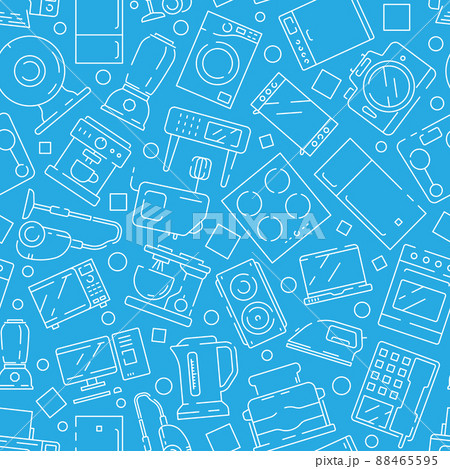 Household electronics pattern. Home modern appliances kitchen objects refrigerator microwave kettle computer tv seamless 88465595