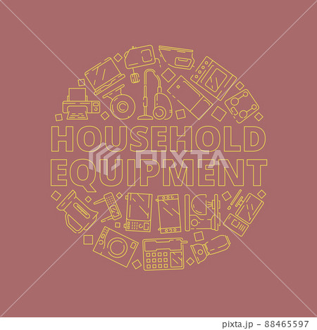 Home appliances concept. Household equipment circle shape tv computer gadgets kitchen items refrigerator microwave mixer 88465597