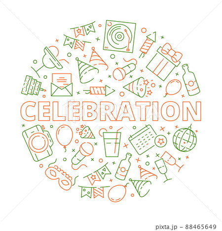 Party icon. Event birthday celebration symbols in circle shape fireworks balloons cakes stars template Party icon. Event birthday celebration symbols in circle shape fireworks balloons cakes stars template 88465649