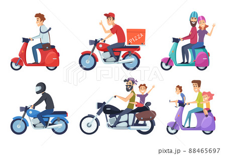 Motorcycle driving. Man rides with woman and kids postal food pizza deliver characters cartoon 88465697