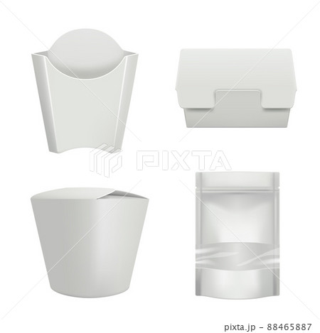 Packages for food. Plastic containers for delivery coffee cup hamburger or sandwich bag cardboard box mockup realistic 88465887