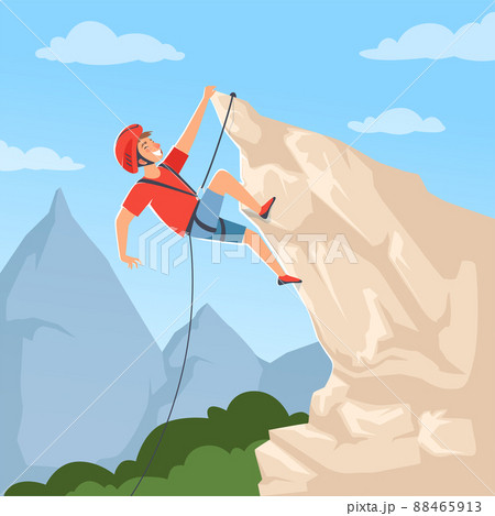 Mountain climber on hills. Poster with male mountaineering explore snow rocky mountain hights achieve extreme adventure placard Mountain climber on hills. Poster with male mountaineering explore snow rocky mountain hights achieve extreme adventure placard 88465913