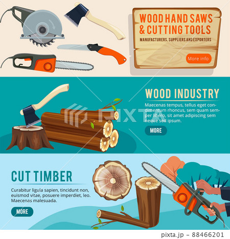 Woodworking production. Banners of wood pictures forestry pile trunks lumberjack cutting tools illustrations Woodworking production. Banners of wood pictures forestry pile trunks lumberjack cutting tools illustrations 88466201