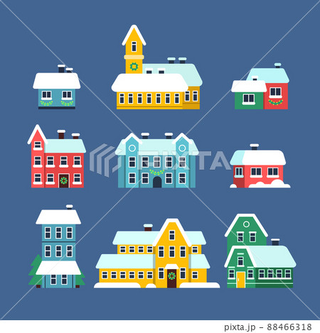 Snow roof houses. Cold season urban snowy city snowstorm with snowflakes flat illustrations 88466318