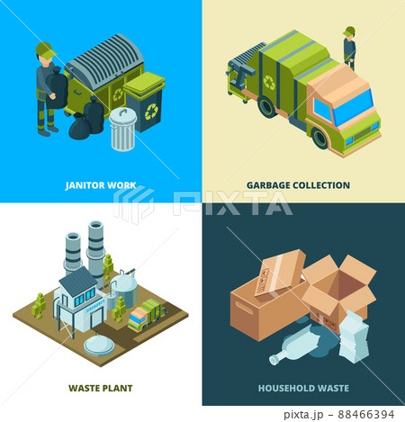 Recycle food concept. Waste removal from city disposal services cleaning truck isometric illustrations 88466394