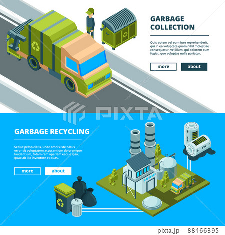 Cleaning recycling waste banners. Sorting garbage and cleaning urban environment trash incinerator truck concept pictures 88466395