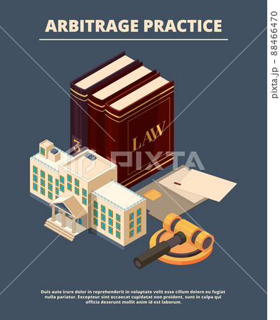 Legal justice concept. Judge law books and hammer prosecution courtroom female femida richter symbols isometric 88466470