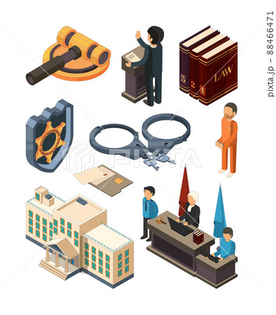 Justice legal isometric. Law hammer books judge lawyer criminal court and other 3d symbols isolated 88466471