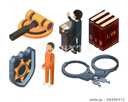Law justice isometric. Legal hamer courtroom punishment prosecution 3d symbol isolated on white 88466472