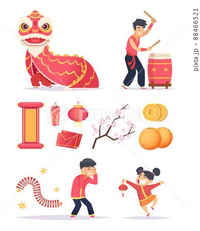 Chinese new year. Dragon firecrackers paper lantern and happy kids characters celebrate 2019 pictures 88466521