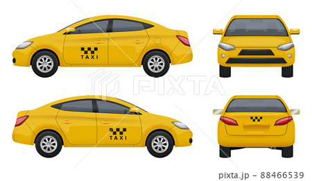 Taxi realistic. Yellow city car vehicle branding taxicab top left and right side 3d pictures set isolated 88466539