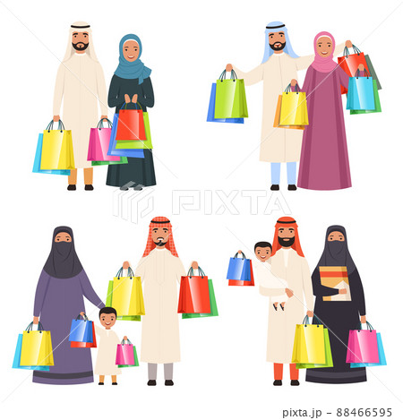 Arab family shopping. Muslim happy people male female and kids in market with bags cartoon characters isolated Arab family shopping. Muslim happy people male female and kids in market with bags cartoon characters isolated 88466595