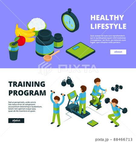 Sport banners isometric. Health exercises fitness athletic peoples sports competition 3d illustrations 88466713