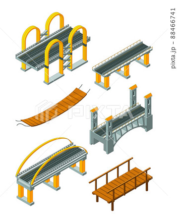 Viaduct bridge isometric. Wood support crossing river or highway logging industry urban landscape 88466741