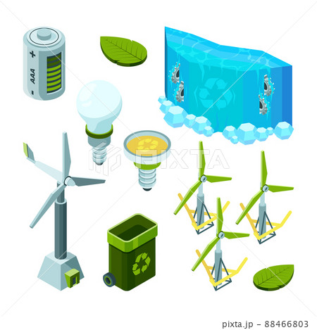 Green saving energy. Hydro power turbines ecosystem waste technology isometric illustrations 88466803