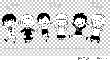 ジャンプする笑顔の子供たち　白黒 88466807
