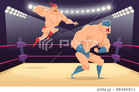 Wrestler fighters cartoon. Cartoon martial characters at ring funny action sport background 88466811
