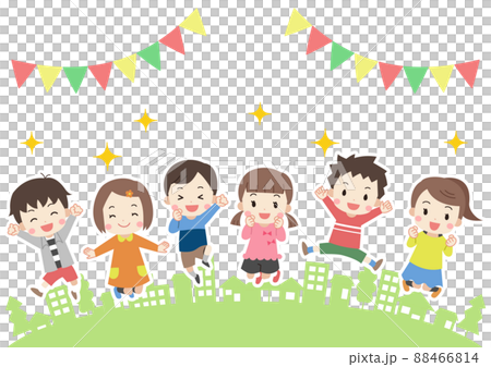 街並みで笑顔でジャンプする子供たち　線なし 88466814