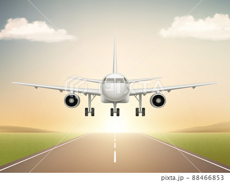 Jet aeroplane on runway. Aircraft takeoff from civil airline to blue sky realistic background illustrations 88466853
